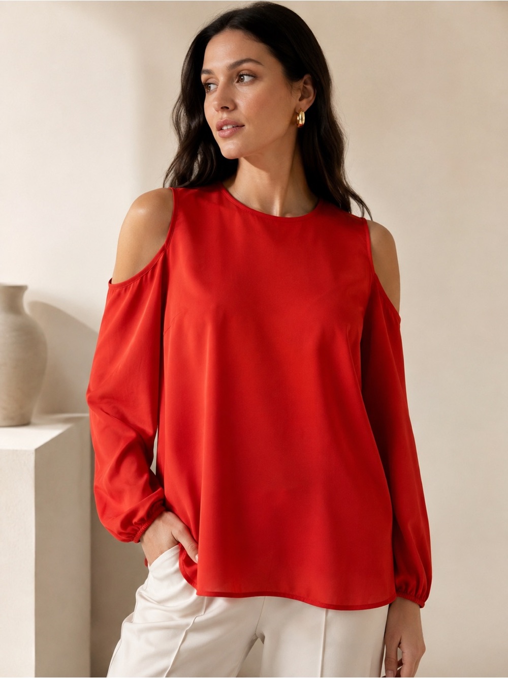 Tibi Red Cold Shoulder Cotton Tunic Blouse US 4